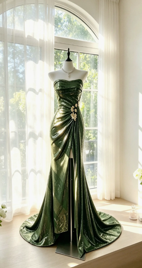 Chic Green Prom Dress Strapless Sheath Satin Long Evening Dress DP06346