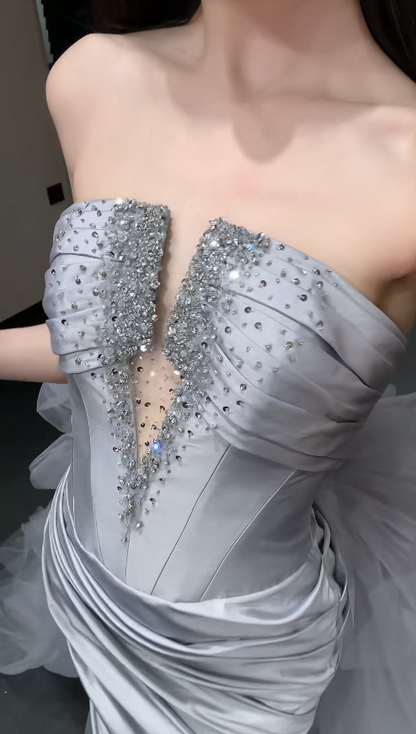 Chic Grey Prom Dress Sheath Satin Long Evening Dress DP06348