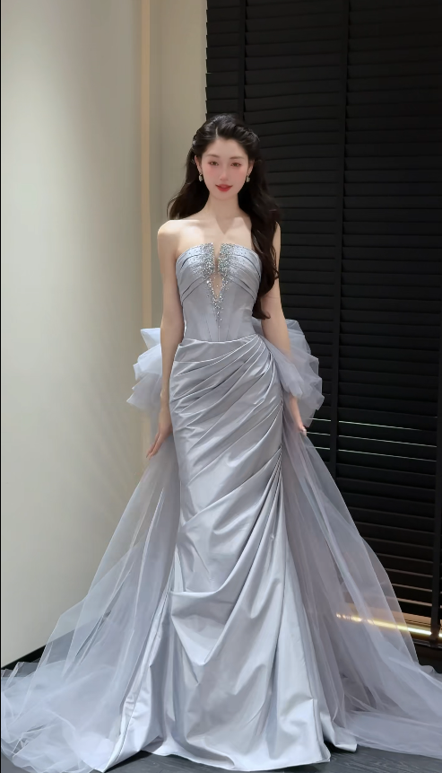Chic Grey Prom Dress Sheath Satin Long Evening Dress DP06348