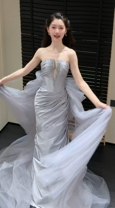 Chic Grey Prom Dress Sheath Satin Long Evening Dress DP06348