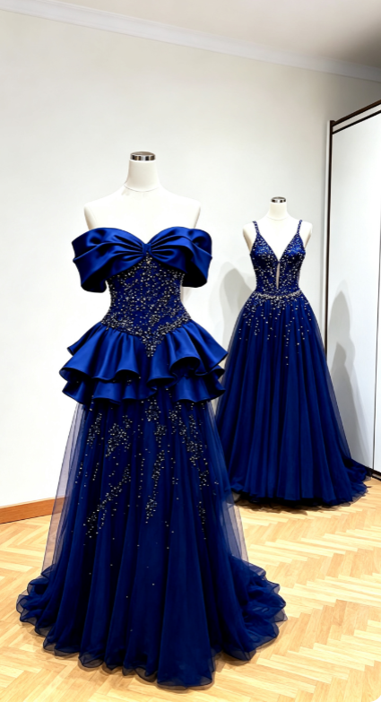 Chic BlueProm Dress Off-shoulder A-Line Satin Tulle Long Evening Dress DP06350