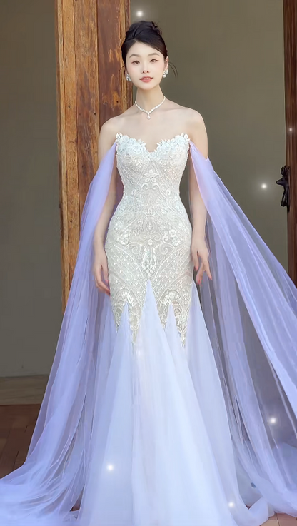 Elegant Lilac Evening Dress Sweetheart Sheath Tulle Beaded Prom Dress DP06368