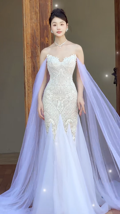 Elegant Lilac Evening Dress Sweetheart Sheath Tulle Beaded Prom Dress DP06368