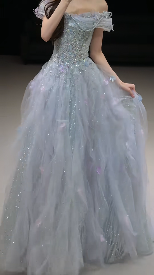 Elegant Pale Blue Evening Dress Off-shoulder A-Line Tulle Beaded Prom Dress  DP06369