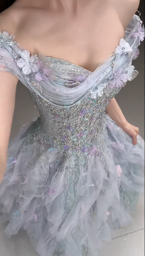 Elegant Pale Blue Evening Dress Off-shoulder A-Line Tulle Beaded Prom Dress  DP06369