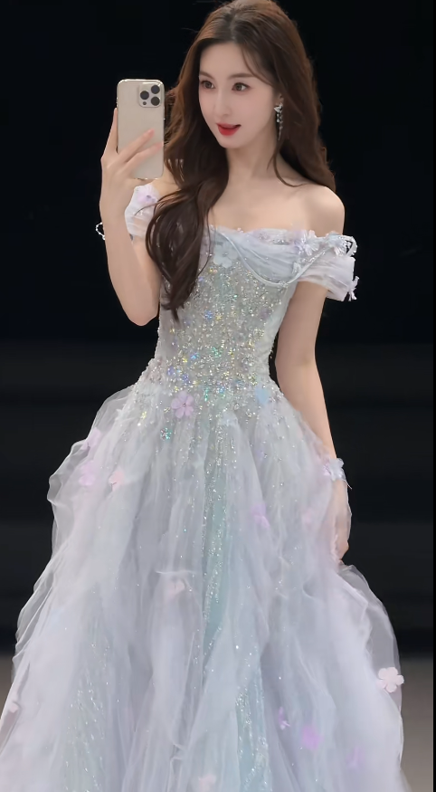 Elegant Pale Blue Evening Dress Off-shoulder A-Line Tulle Beaded Prom Dress  DP06369