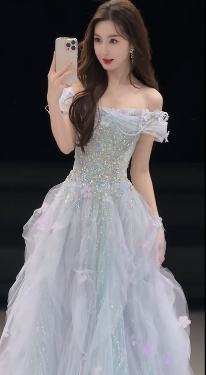 Elegant Pale Blue Evening Dress Off-shoulder A-Line Tulle Beaded Prom Dress  DP06369