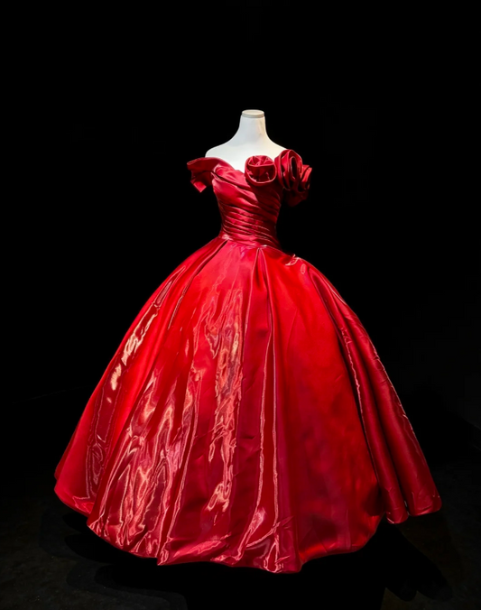 Elegant Red Evening Dress Off-shoulder A-Line Satin Prom Dress  DP06370