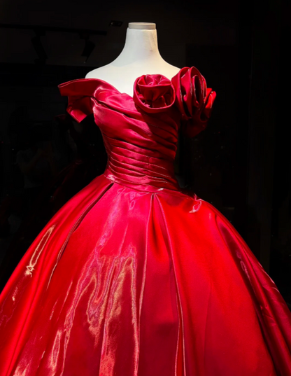 Elegant Red Evening Dress Off-shoulder A-Line Satin Prom Dress  DP06370