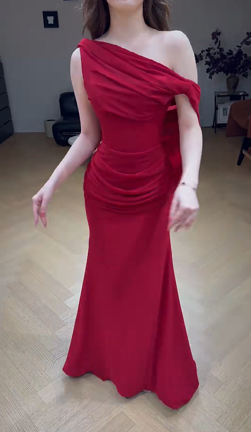 Elegant Red Evening Dress Off-shoulder Sheath Satin Prom Dress DP06371