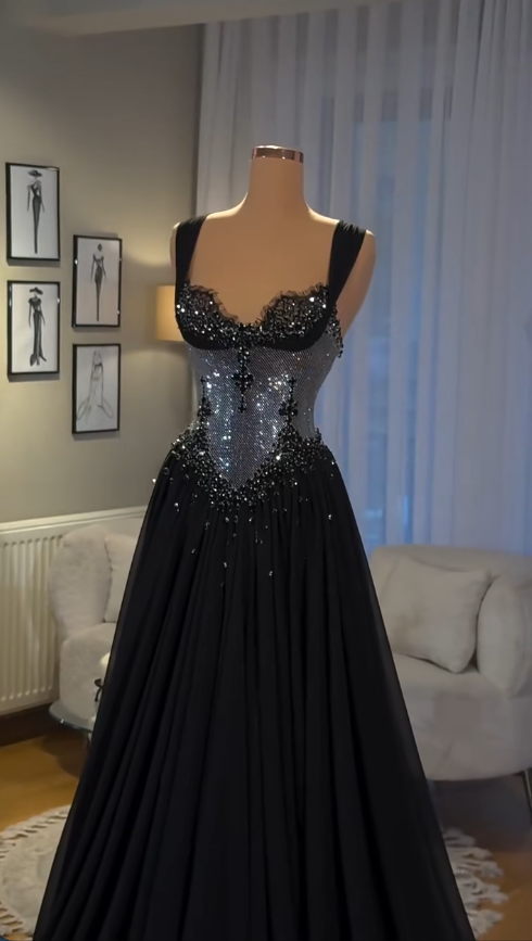Elegant Black Evening Dress Straps A-Line Chiffon Prom Dress DP06372