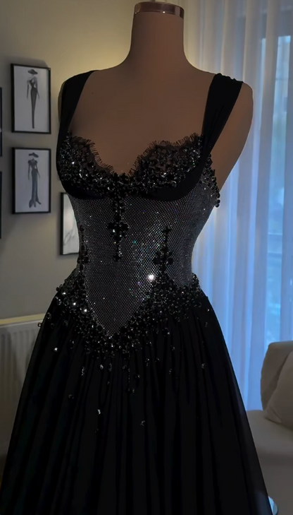 Elegant Black Evening Dress Straps A-Line Chiffon Prom Dress DP06372