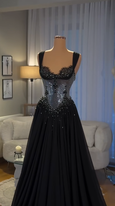 Elegant Black Evening Dress Straps A-Line Chiffon Prom Dress DP06372