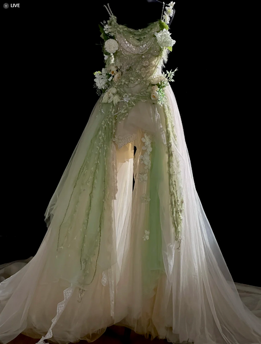 Elegant Green Evening Dress Straps A-Line Tulle Prom Dress DP06373