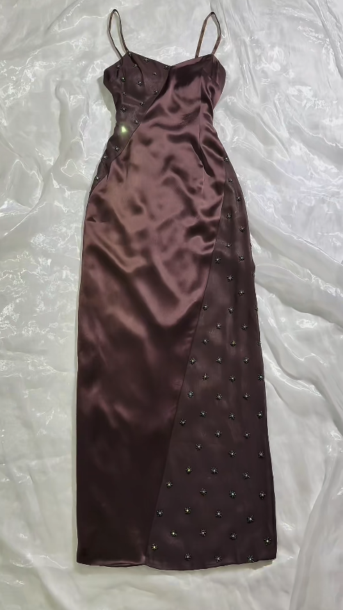 Elegant Brown Evening Dress Spaghetti Straps Sheath Satin Prom Dress DP06374