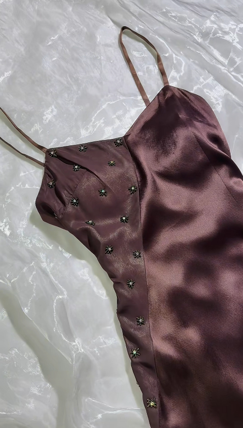 Elegant Brown Evening Dress Spaghetti Straps Sheath Satin Prom Dress DP06374