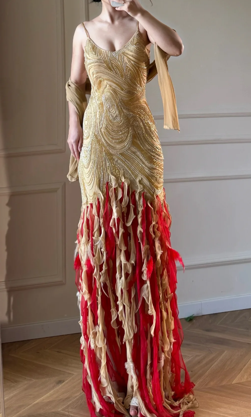Elegant Yellow Evening Dress Spaghetti Straps Sheath Chiffon Beaded Prom Dress DP06375