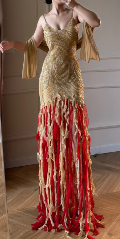Elegant Yellow Evening Dress Spaghetti Straps Sheath Chiffon Beaded Prom Dress DP06375