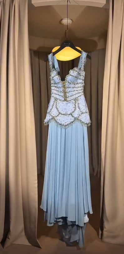 Elegant Blue Evening Dress Spaghetti Straps Sheath Chiffon Beaded Prom Dress DP06376