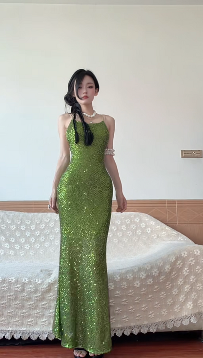 Elegant Green Evening Dress Spaghetti Straps Sheath Sequins Prom Dress DP06377