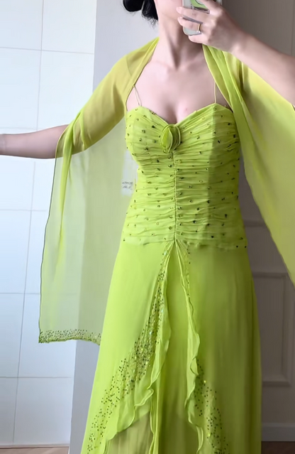 Elegant Green Evening Dress Spaghetti Straps Sheath Chiffon Beaded Prom Dress DP06378