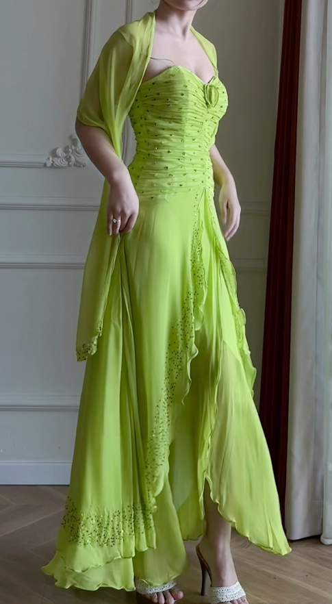 Elegant Green Evening Dress Spaghetti Straps Sheath Chiffon Beaded Prom Dress DP06378
