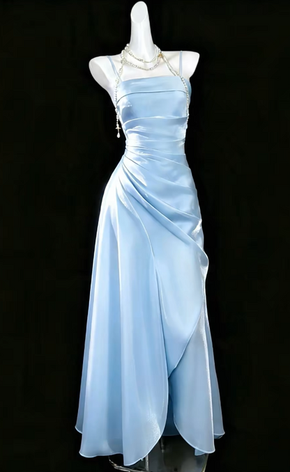 Elegant Blue Evening Dress Spaghetti Straps Sheath Satin Prom Dress DP06379