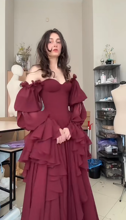 Elegant Burgundy Evening Dress Off-shoulder A-Line Chiffon Prom Dress DP06381