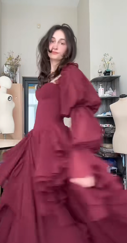 Elegant Burgundy Evening Dress Off-shoulder A-Line Chiffon Prom Dress DP06381