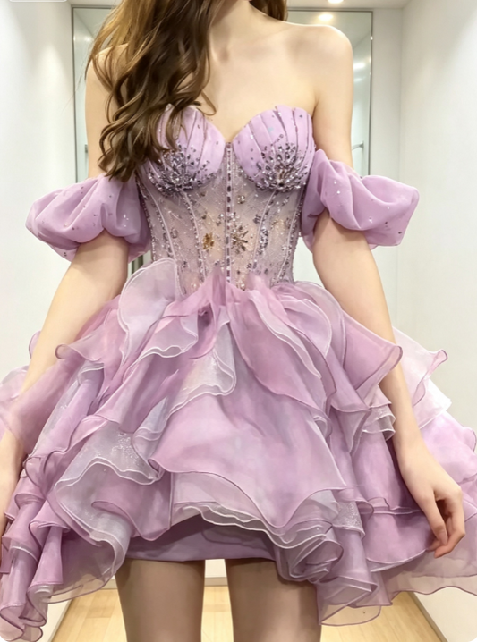 Elegant Pink Short Prom Dress Off-shoulder A-Line Hoco Dress Chiffon Birthday Dress DP06383