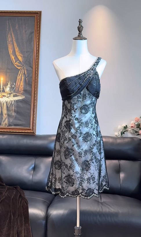 Elegant Black Short Prom Dress One-shoulder Sheath Hoco Dress Chiffon Birthday Dress DP06384