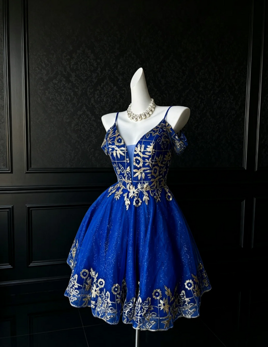 Elegant Blue Short Prom Dress Spaghetti Straps A-Line Hoco Dress Satin Birthday Dress DP06385
