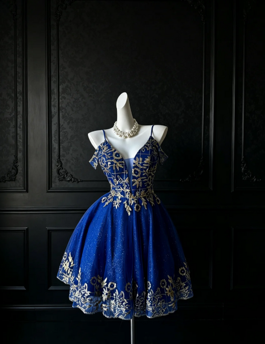 Elegant Blue Short Prom Dress Spaghetti Straps A-Line Hoco Dress Satin Birthday Dress DP06385