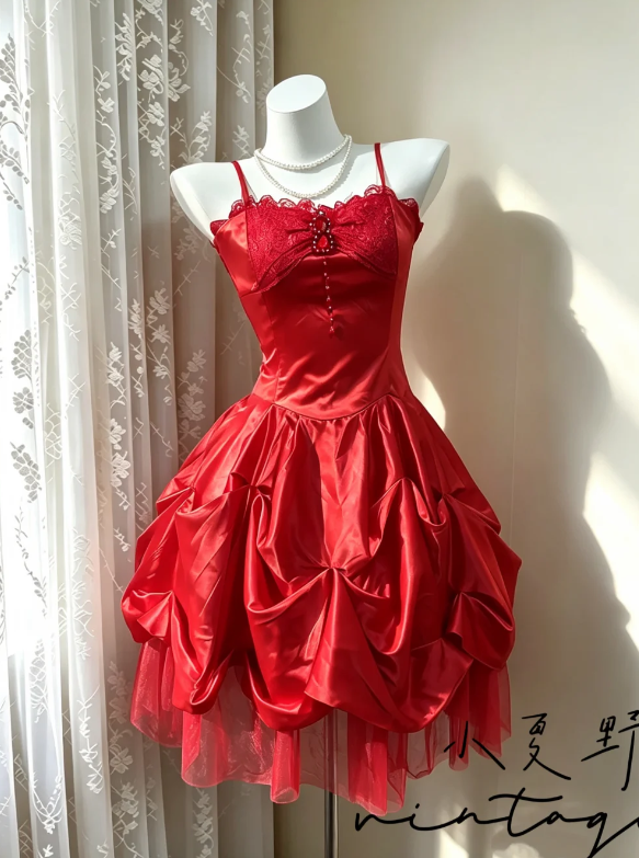 Elegant Burgundy Short Prom Dress Spaghetti Straps A-Line Hoco Dress Satin Birthday Dress DP06387