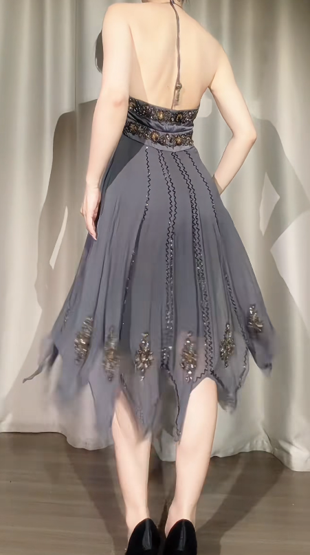 Elegant Smoky Grey Short Prom Dress Straps A-Line Hoco Dress Chiffon Birthday Dress DP06391