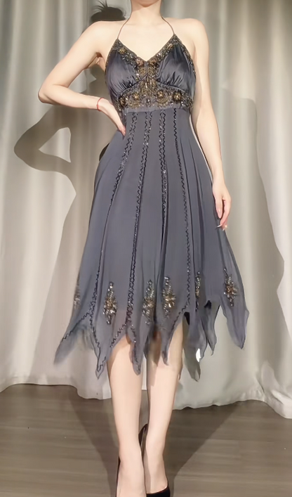 Elegant Smoky Grey Short Prom Dress Straps A-Line Hoco Dress Chiffon Birthday Dress DP06391