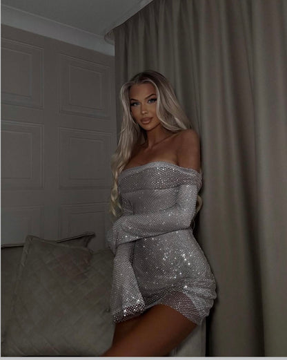 Sexy Silver Short Prom Dress Off-shoulder Sheath Hoco Dress Chiffon Birthday Dress DP06395