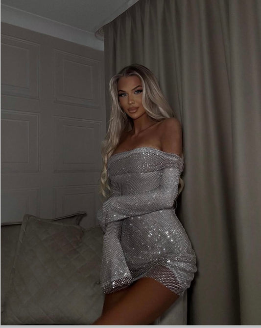 Sexy Silver Short Prom Dress Off-shoulder Sheath Hoco Dress Chiffon Birthday Dress DP06395