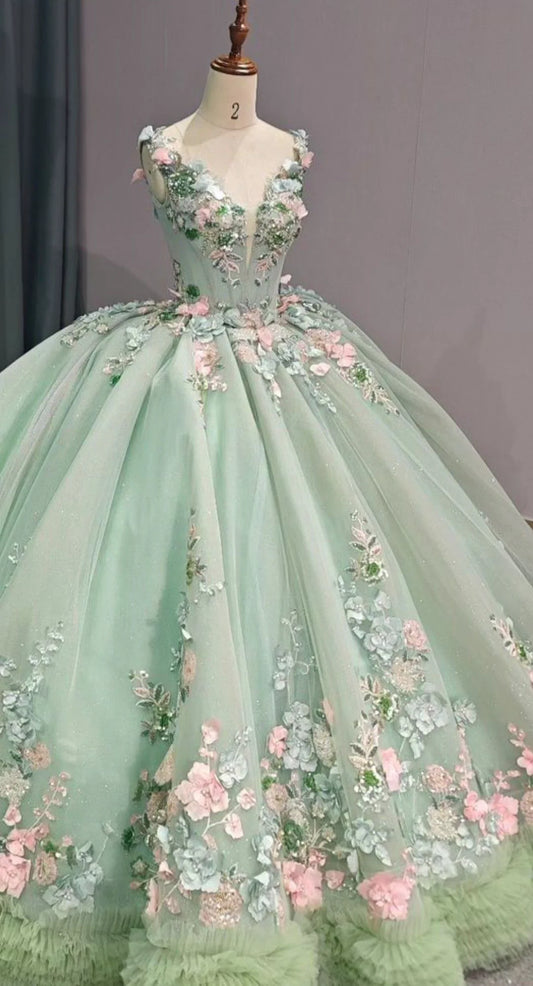 Fairy Green Ball Gown Quinceanera Dress V-neck 15th Birthday Dress Tulle Applique Sweet 16 Dress DP06402