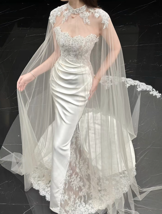 Simple Strapless Mermaid Wedding Dress Satin Applique Bridal Dress White Sleeveless Bridal Gown DP06409