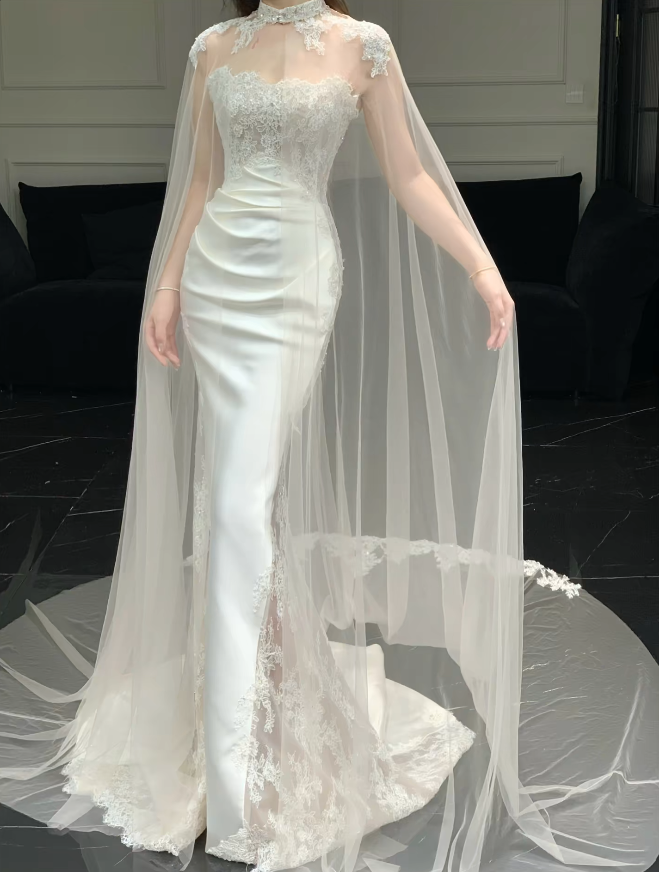 Simple Strapless Mermaid Wedding Dress Satin Applique Bridal Dress White Sleeveless Bridal Gown DP06409
