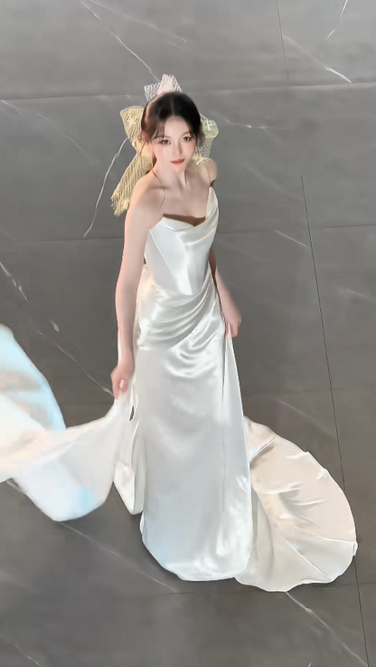 Simple Strapless Sheath Wedding Dress Satin Bridal Dress White Sleeveless Bridal Gown DP06410
