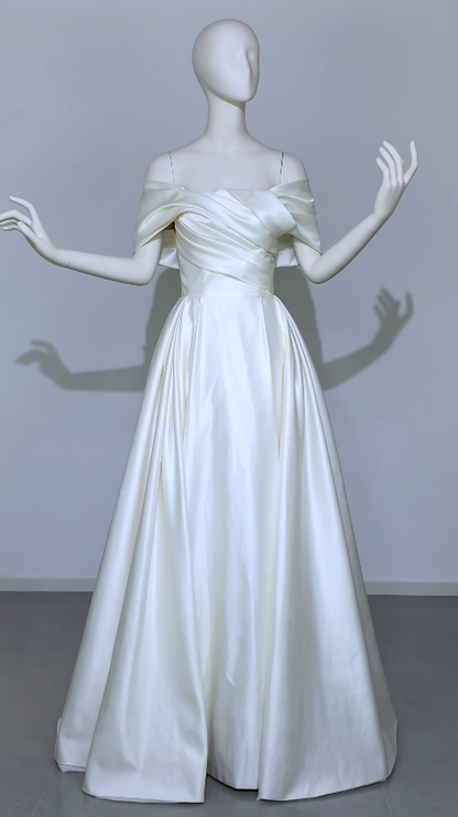 Simple Off-shoulder A-Line Wedding Dress Satin Bridal Dress White Sleeveless Bridal Gown DP06415
