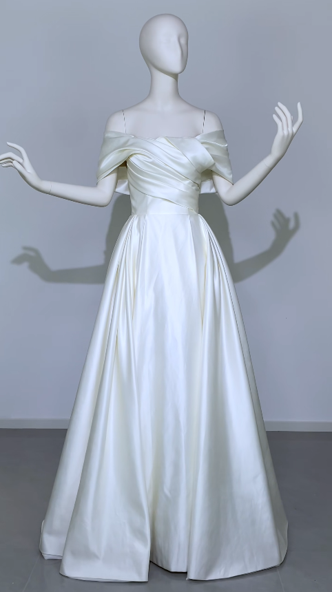 Simple Off-shoulder A-Line Wedding Dress Satin Bridal Dress White Sleeveless Bridal Gown DP06415