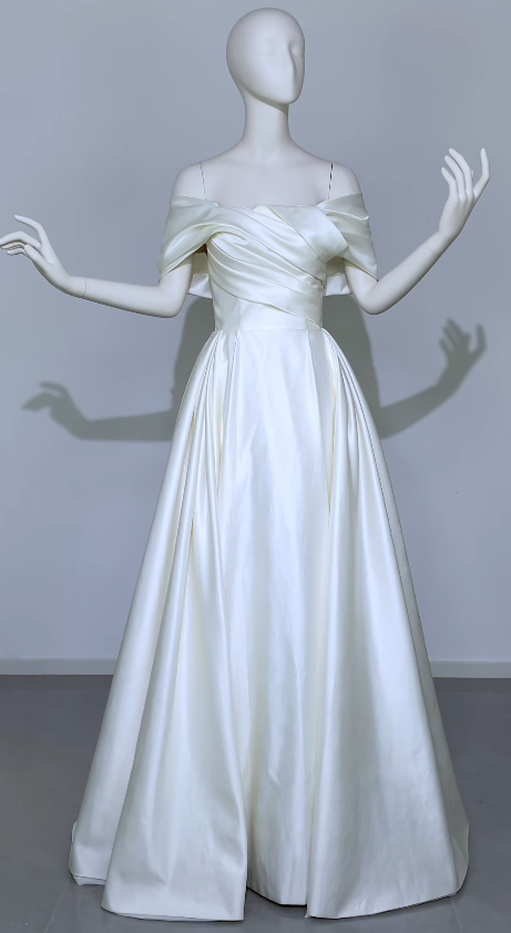 Simple Off-shoulder A-Line Wedding Dress Satin Bridal Dress White Sleeveless Bridal Gown DP06415