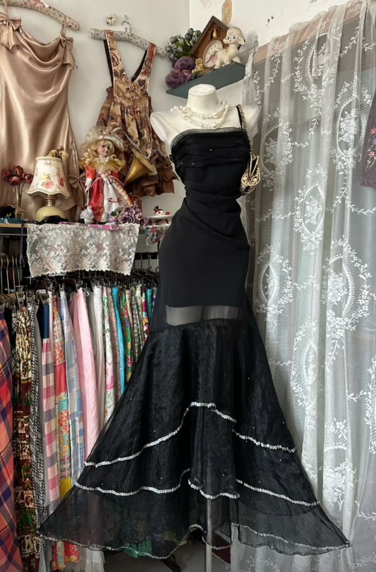 Chic Black Prom Dress Chiffon Sheath One-shoulder Long Evening Dress DP06416
