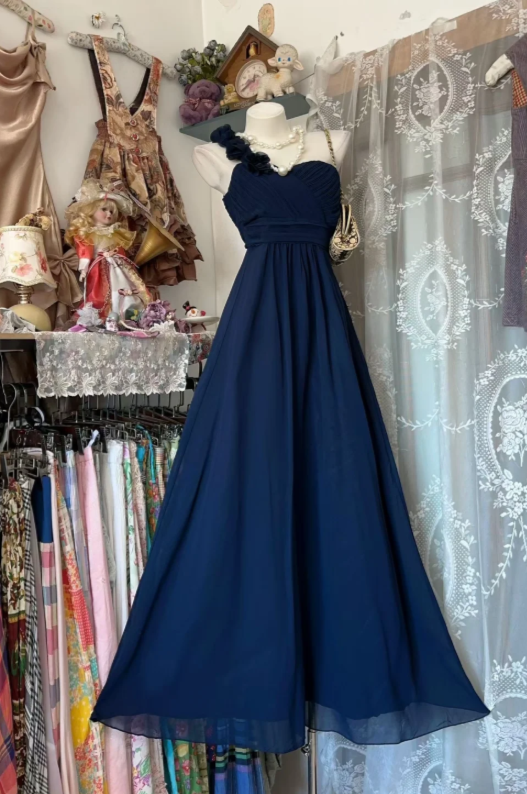 Chic Navy Blue Prom Dress Chiffon Sheath Long Evening Dress DP06418