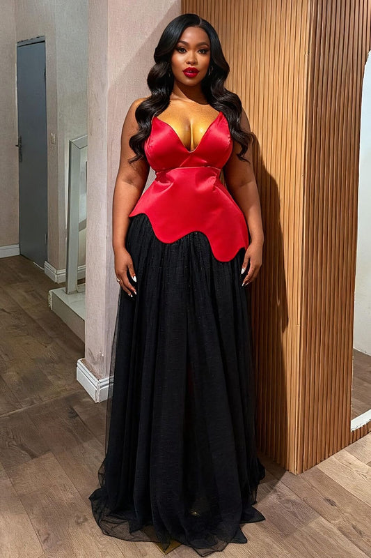 Chic Red Prom Dress Satin Chiffon Sheath V-neck Long Evening Dress DP06419