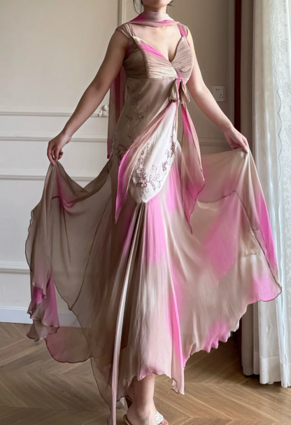 Chic Pink Prom Dress Chiffon Sheath Straps Long Evening Dress DP06420