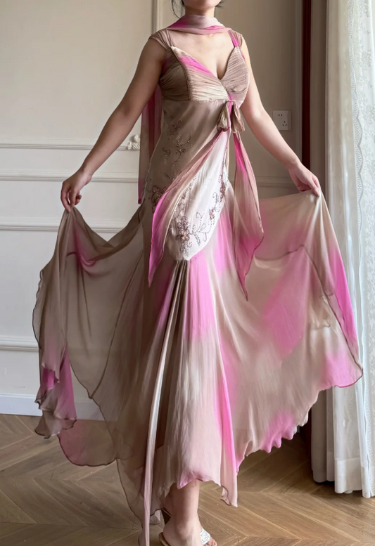 Chic Pink Prom Dress Chiffon Sheath Straps Long Evening Dress DP06420
